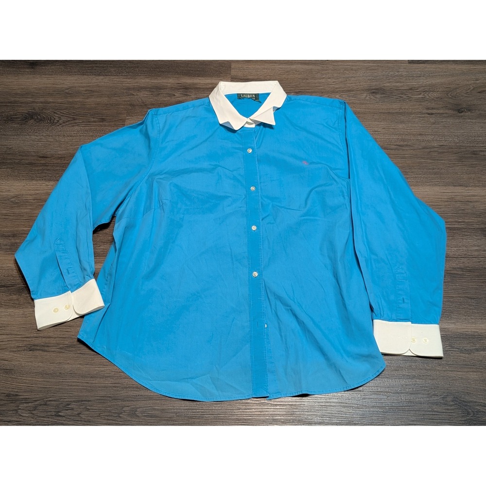 Lauren Ralph Lauren Womens Blue White Collared Button Up Shirt Top Size 3X READ!